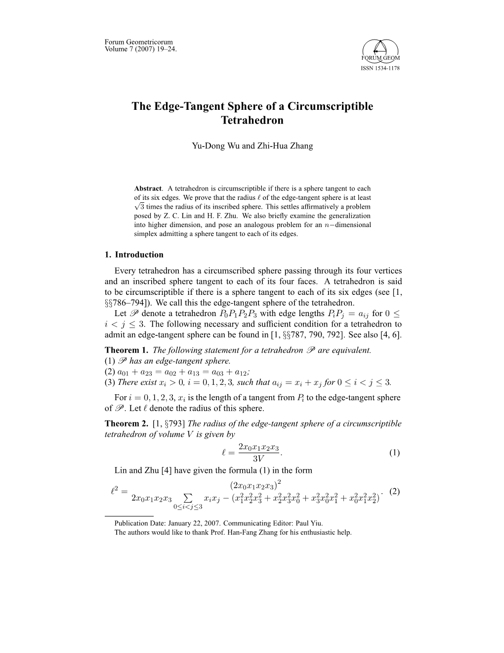 The Edge-Tangent Sphere of a Circumscriptible Tetrahedron