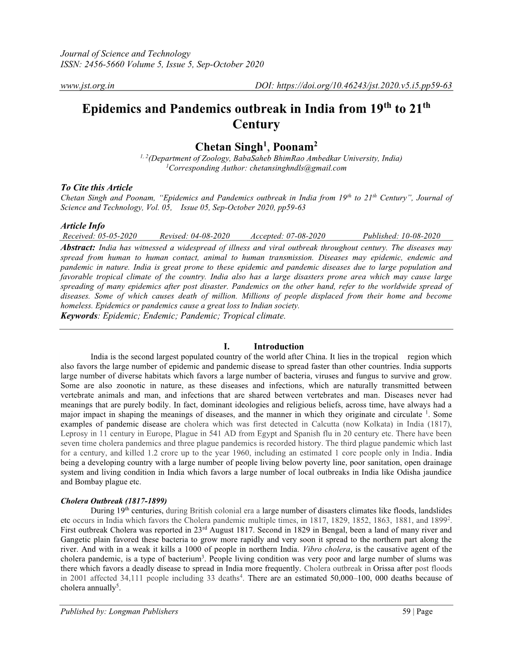 Epidemics and Pandemics Outbreak in India from 19Th to 21Th Century