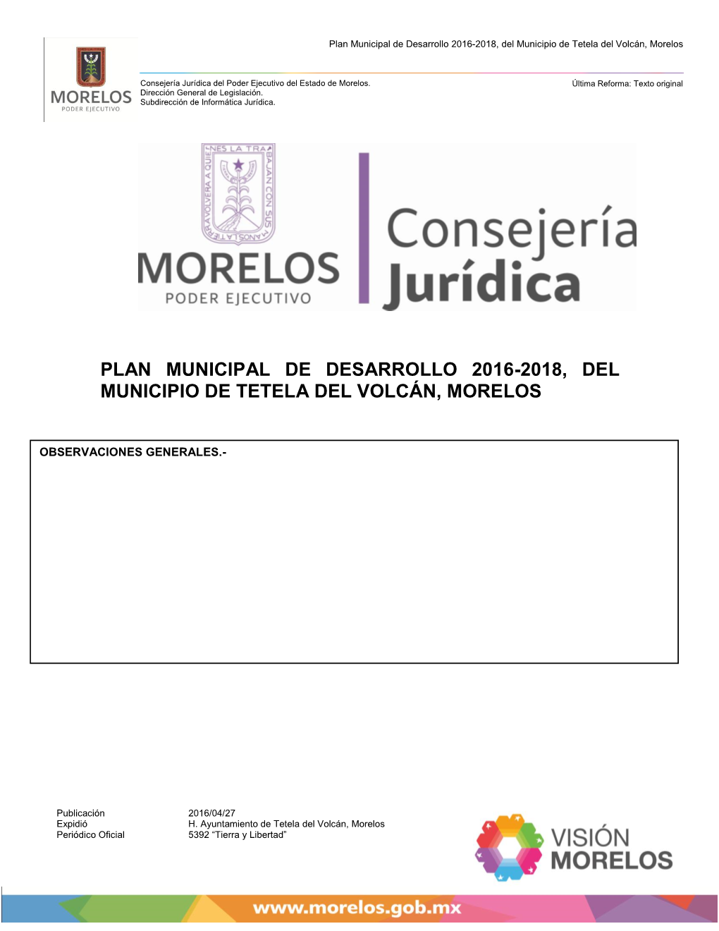 Plan Municipal De Desarrollo 2016-2018, Del Municipio De Tetela Del Volcán, Morelos