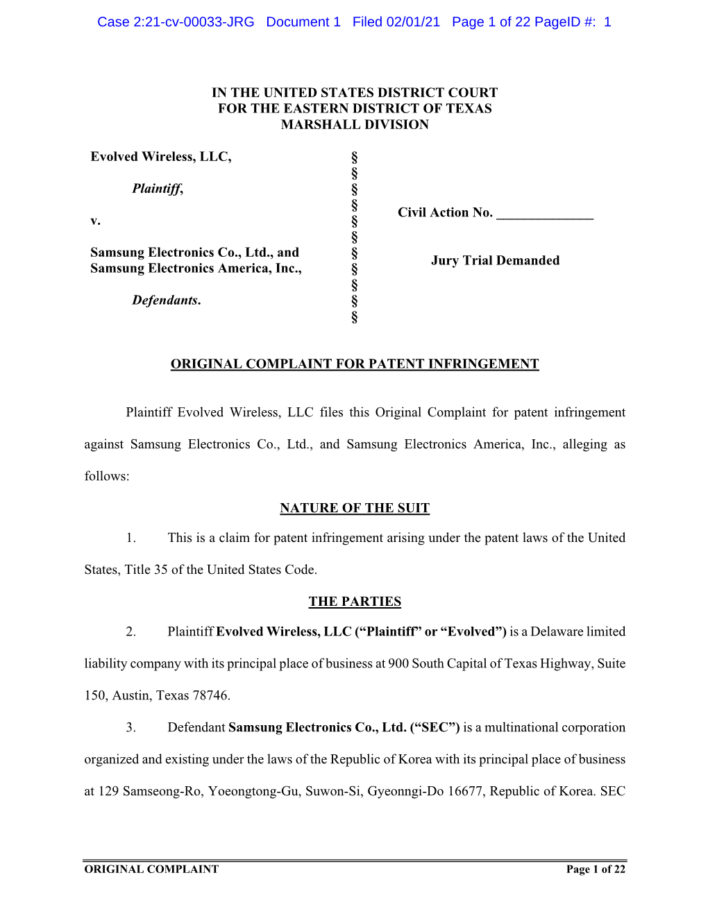 Case 2:21-Cv-00033-JRG Document 1 Filed 02/01/21 Page 1 of 22 Pageid #: 1