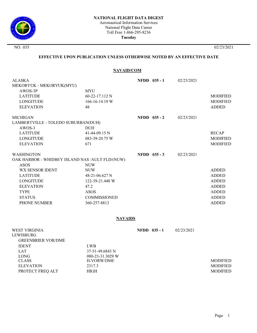 Page 1 NATIONAL FLIGHT DATA DIGEST Aeronautical Information