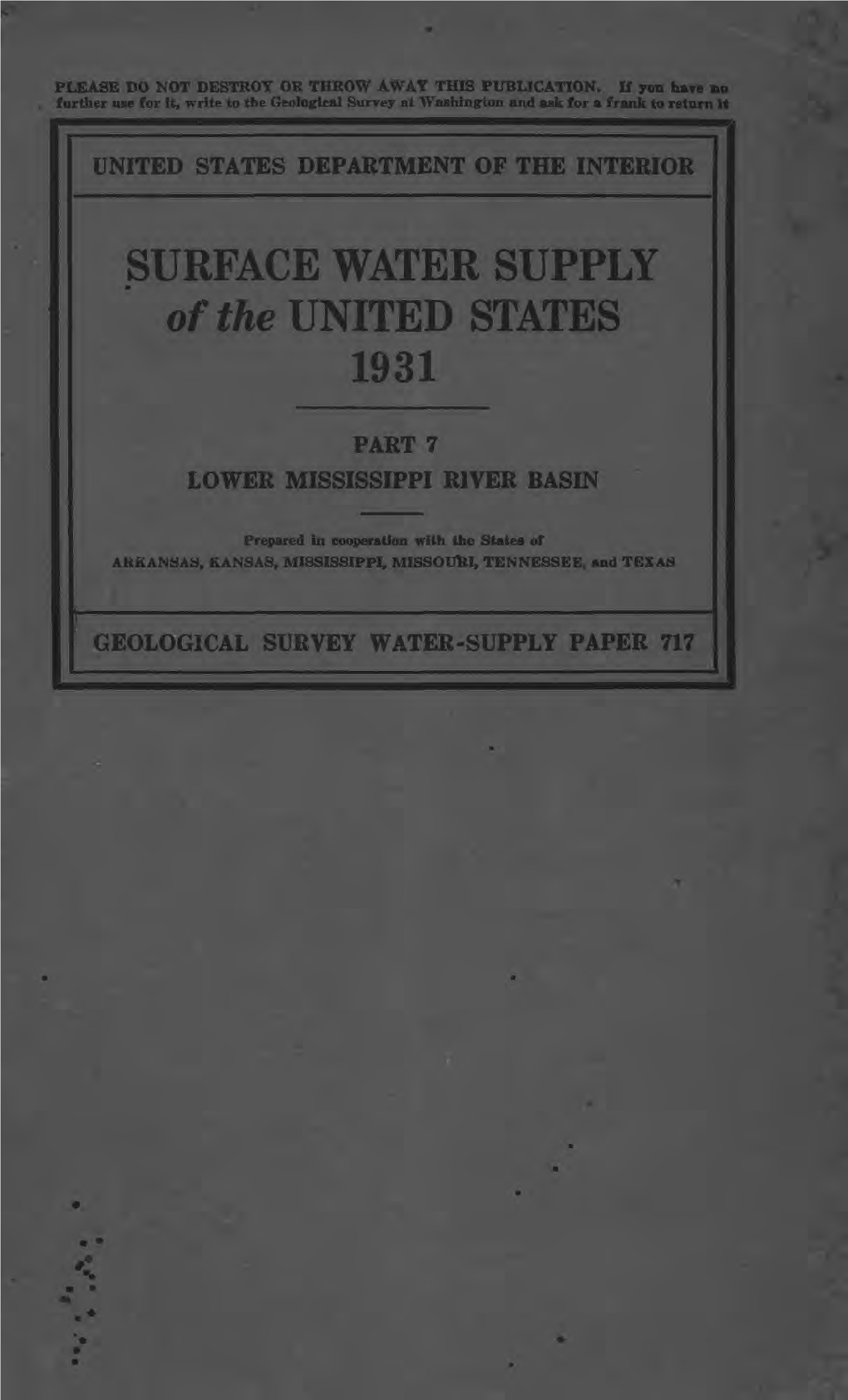 SURFACE WATER SUPPLY of the UNITED STATES 1931