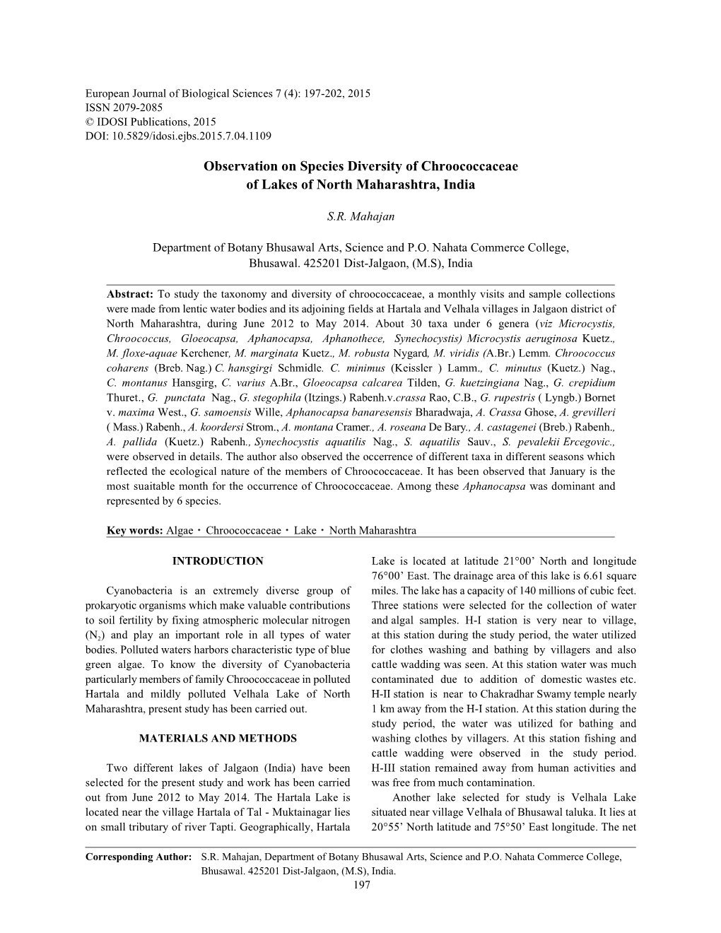 Observation on Species Diversity of Chroococcaceae of Lakes of North Maharashtra, India