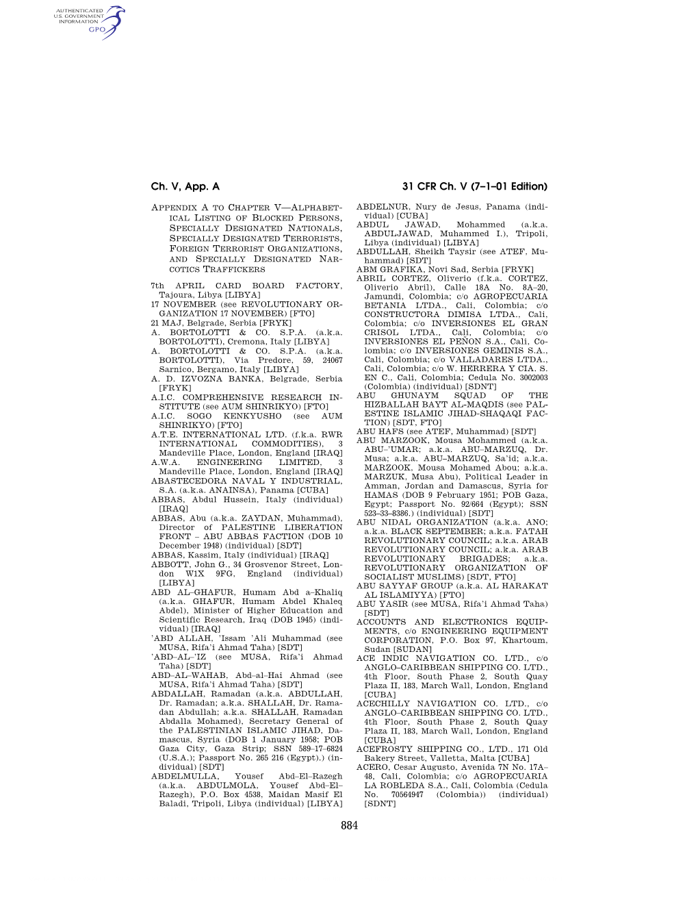 31 CFR Ch. V (7–1–01 Edition) Ch. V, App. A