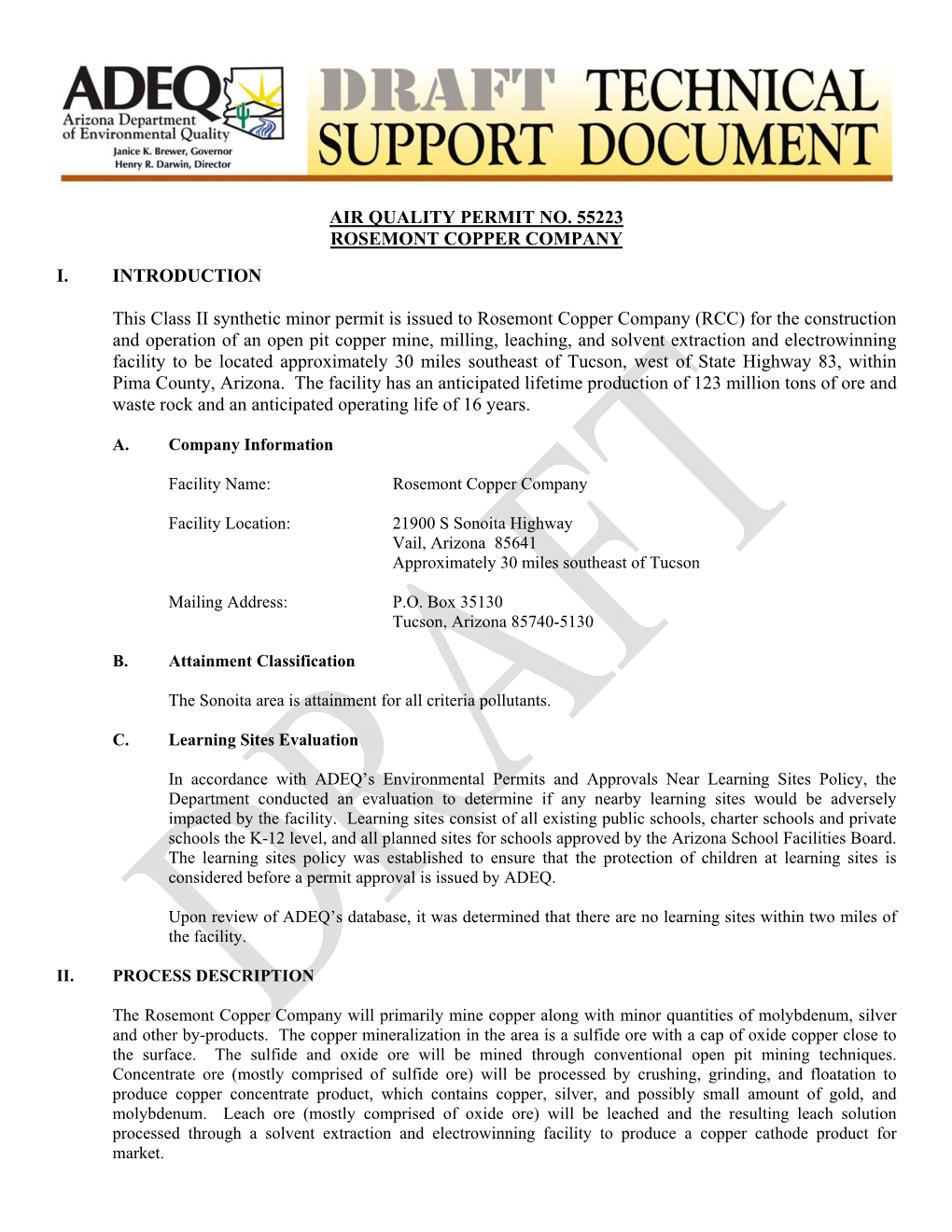 DRAFT TECHNICAL SUPPORT DOCUMENT: Air Quality Division: Rosemont Copper Company: Air Quality Control Permit #55223