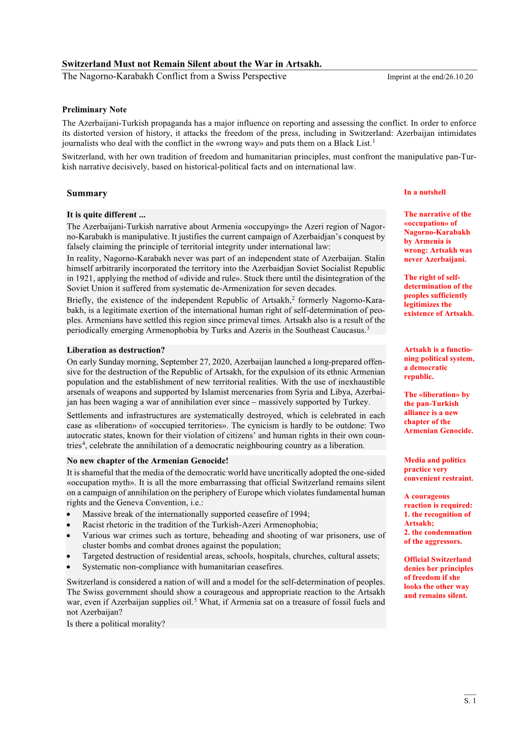 Switzerland Must Not Remain Silent About the War in Artsakh. the Nagorno-Karabakh Conflict from a Swiss Perspective Imprint at the End/26.10.20