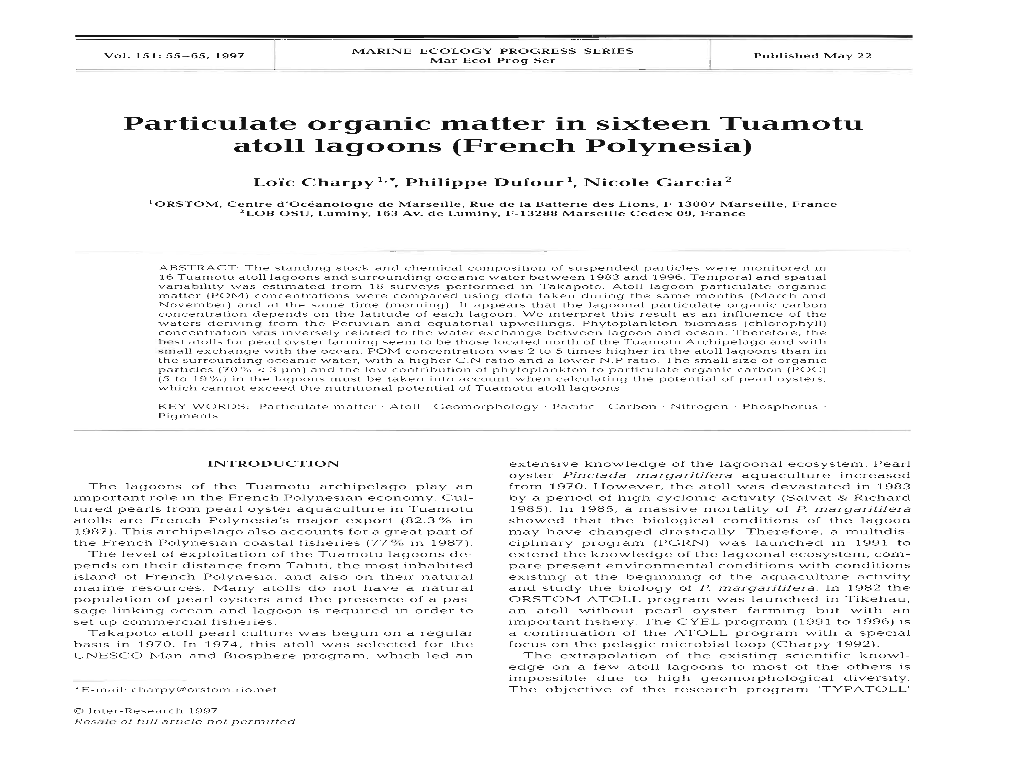 Particulate Organic Matter in Sixteen Tuamotu Atoll Lagoons (French Polynesia)