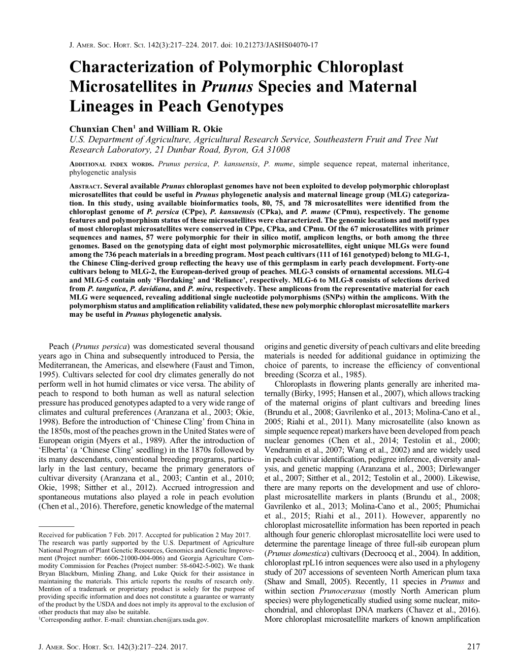 Characterization of Polymorphic Chloroplast Microsatellites in Prunus Species and Maternal Lineages in Peach Genotypes