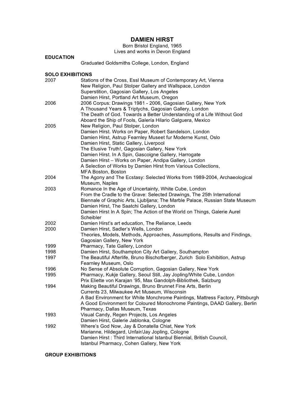 DAMIEN HIRST Born Bristol England, 1965 Lives and Works in Devon England EDUCATION Graduated Goldsmiths College, London, England