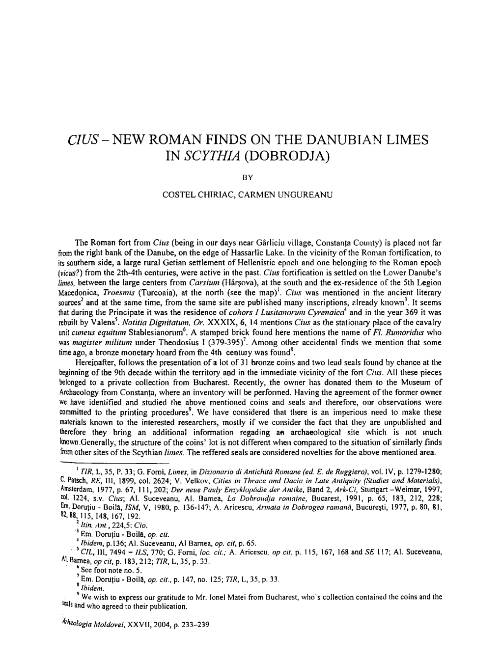 Cius - New Roman Finds on the Danubian Limes in Scythia (Dobrodja)