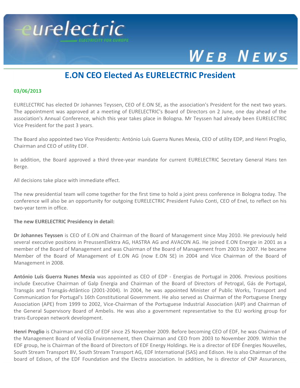 E.ON CEO Elected As EURELECTRIC President