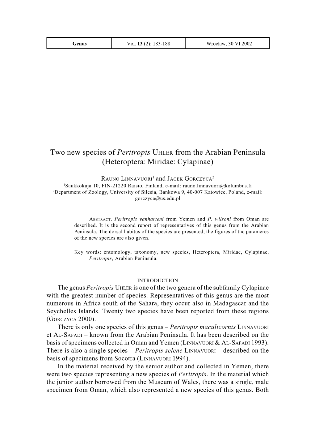 Two New Species of Peritropis UHLER from the Arabian Peninsula (Heteroptera: Miridae: Cylapinae)