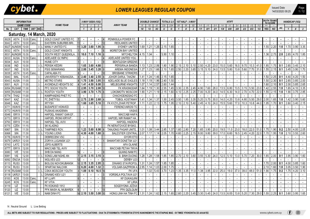 Lower Leagues Regular Coupon 14/03/2020 09:25 1 / 12