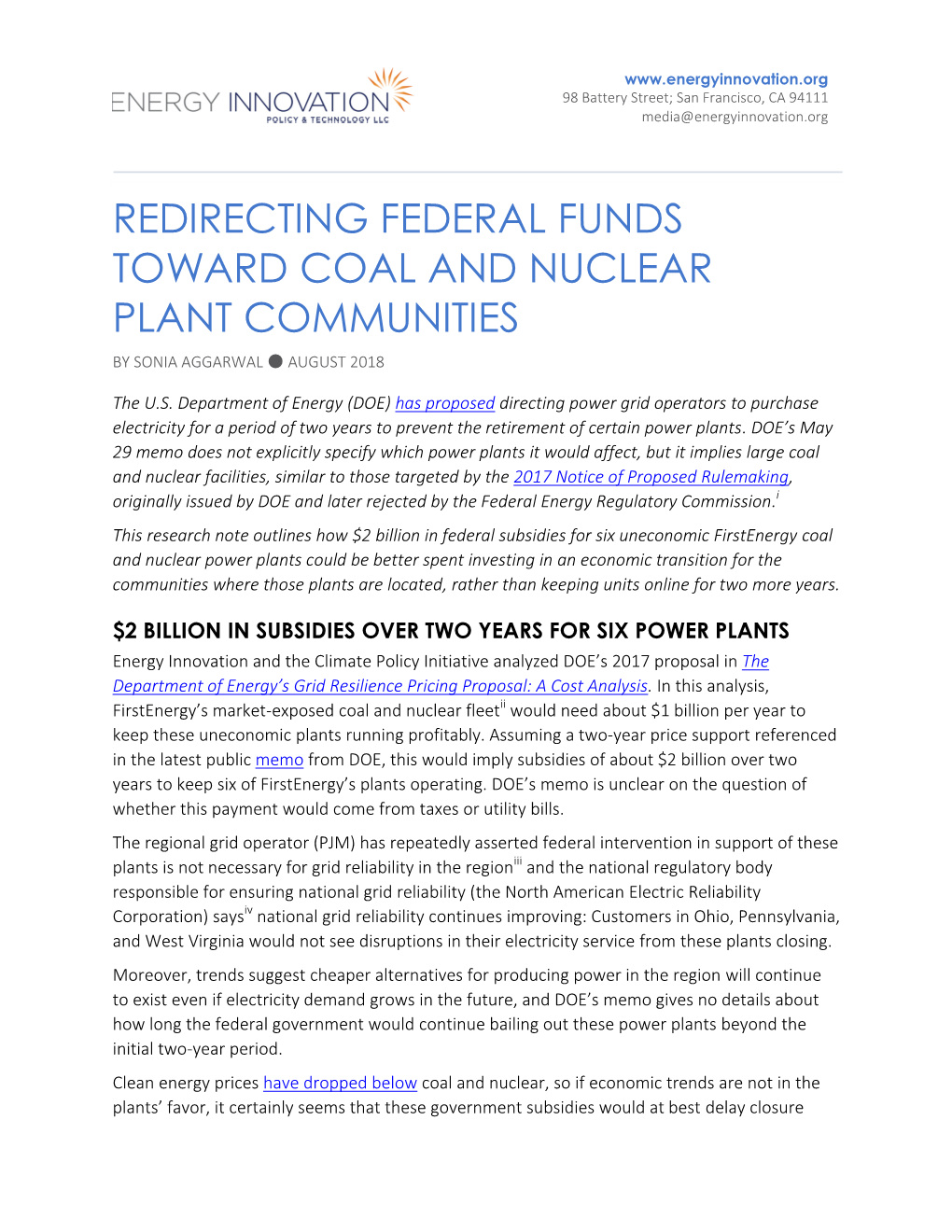 Redirecting Federal Funds Toward Coal and Nuclear Plant Communities by Sonia Aggarwal ● August 2018