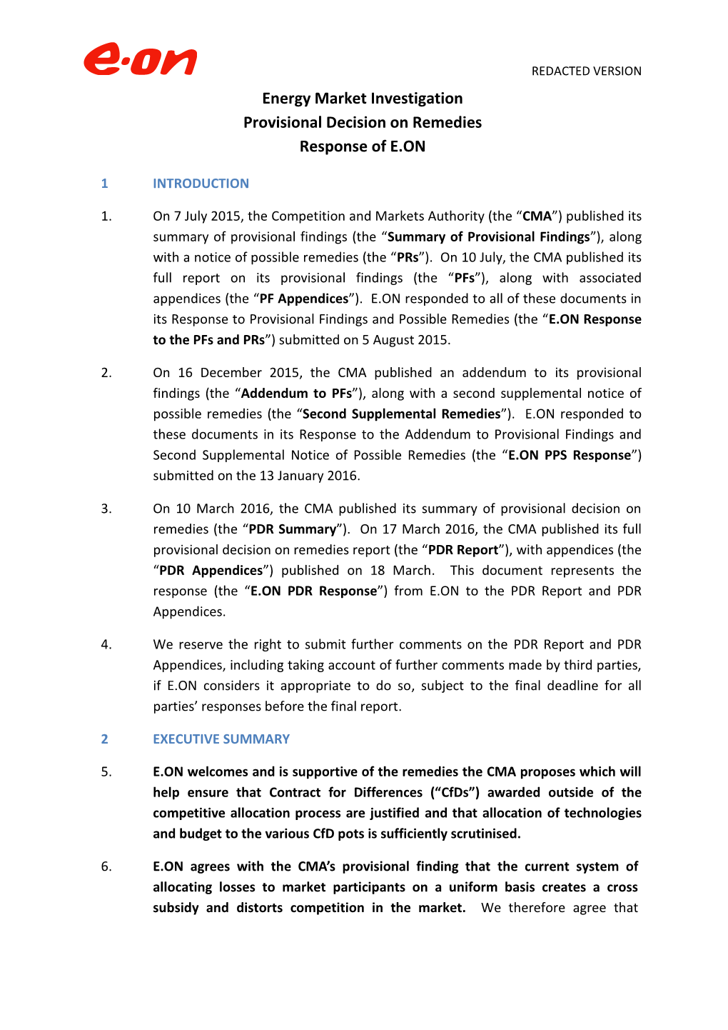 Energy Market Investigation Provisional Decision on Remedies Response of E.ON