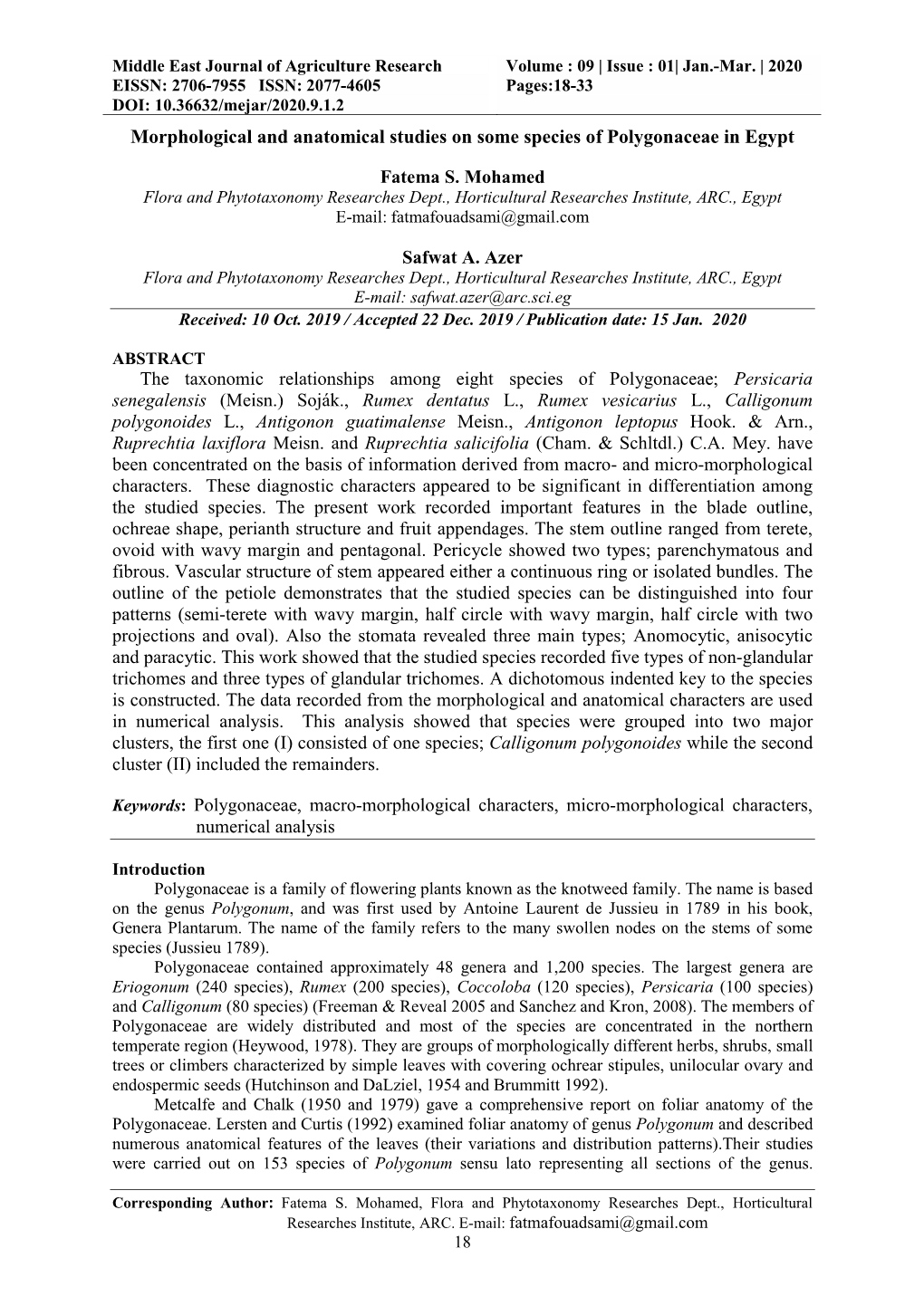 Morphological and Anatomical Studies on Some Species of Polygonaceae in Egypt