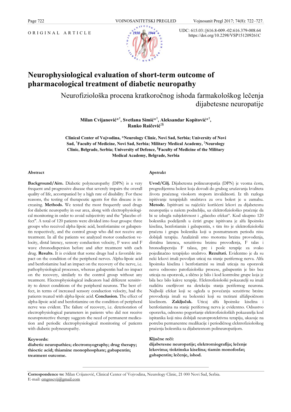 Neurophysiological Evaluation of Short-Term Outcome of Pharmacological