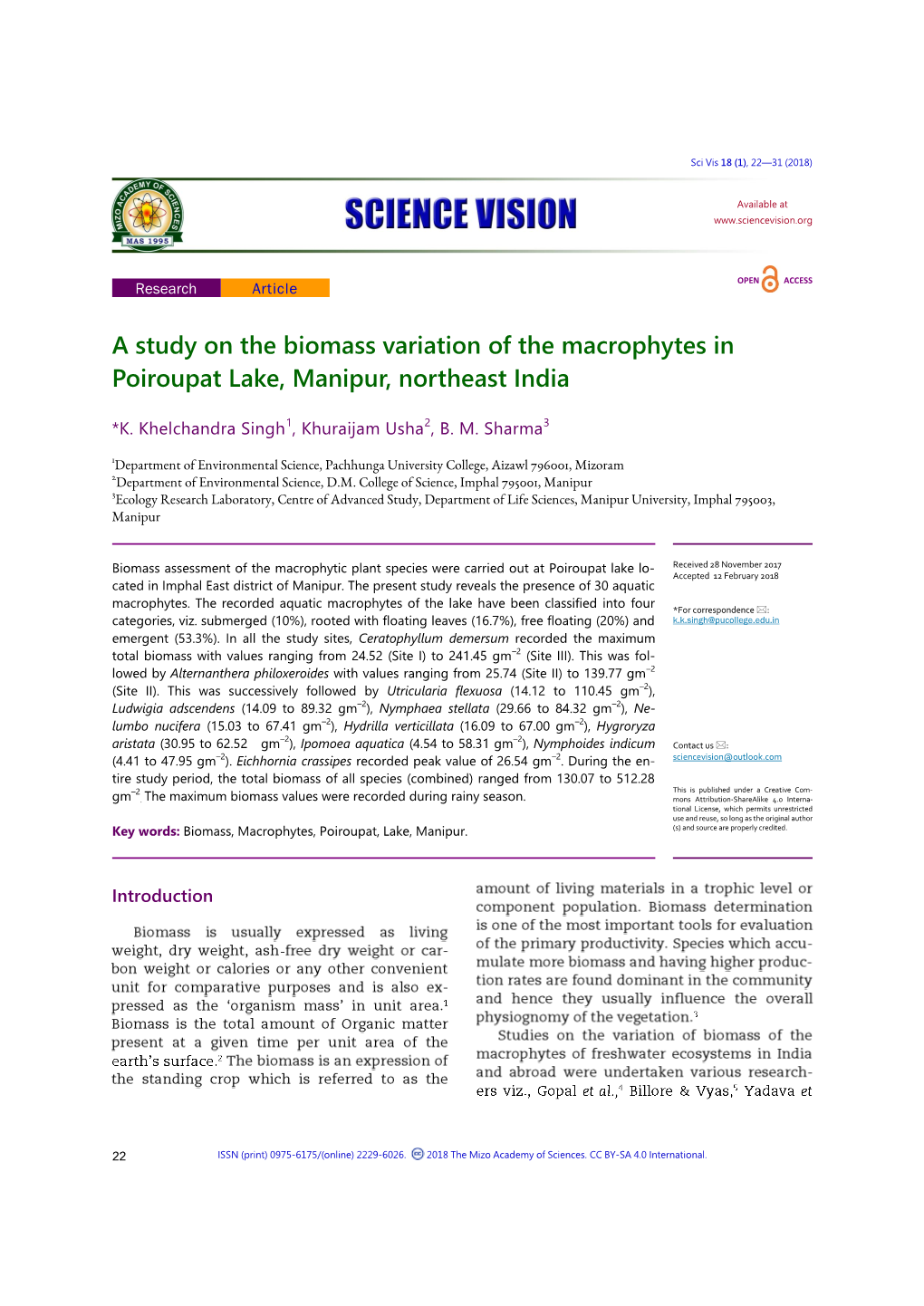 A Study on the Biomass Variation of the Macrophytes in Poiroupat Lake, Manipur, Northeast India