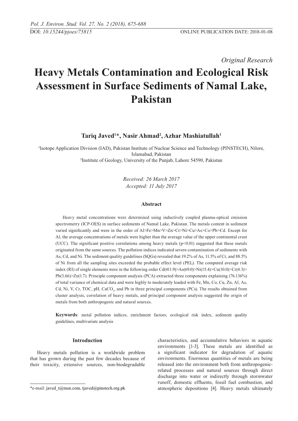 Heavy Metals Contamination and Ecological Risk Assessment in Surface Sediments of Namal Lake, Pakistan