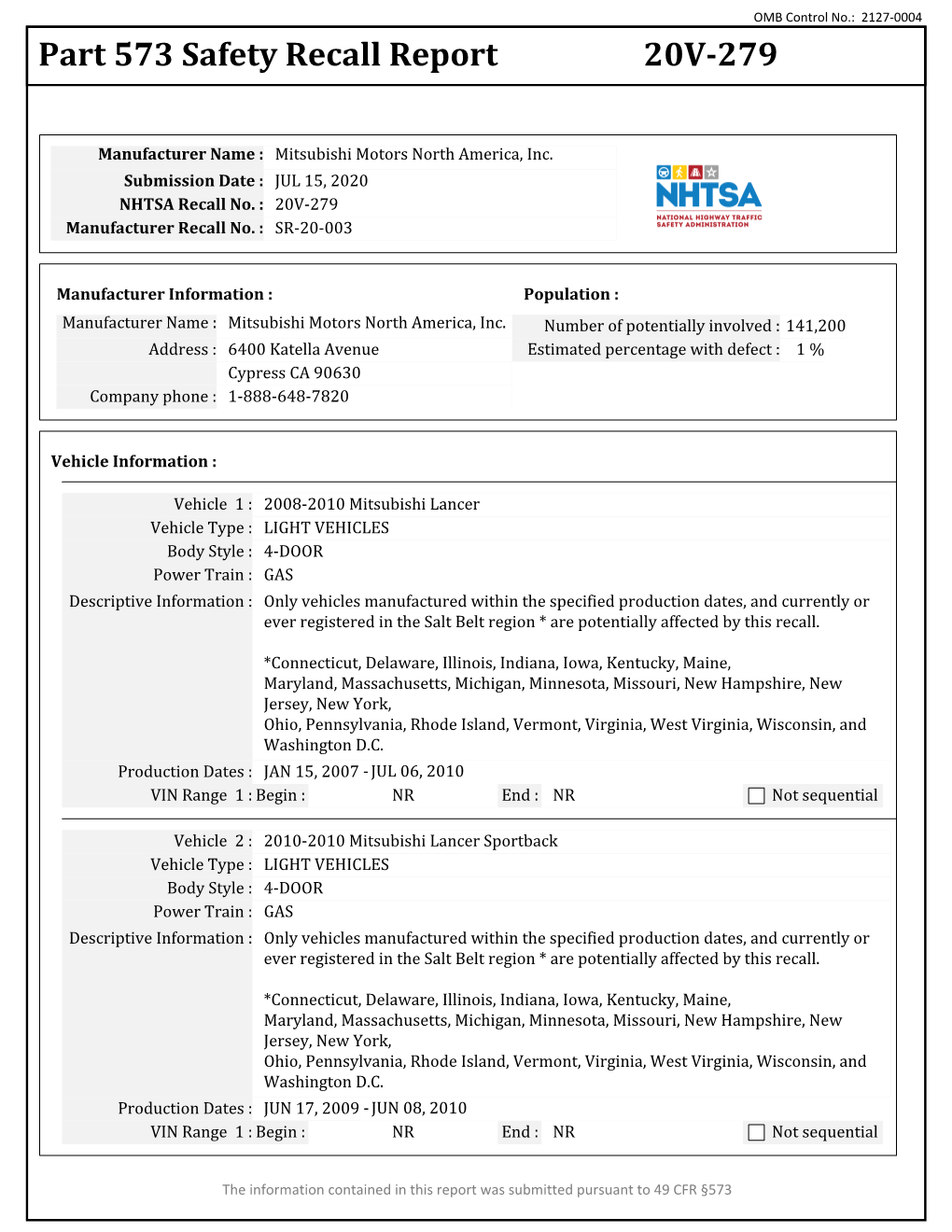 Part 573 Safety Recall Report 20V-279