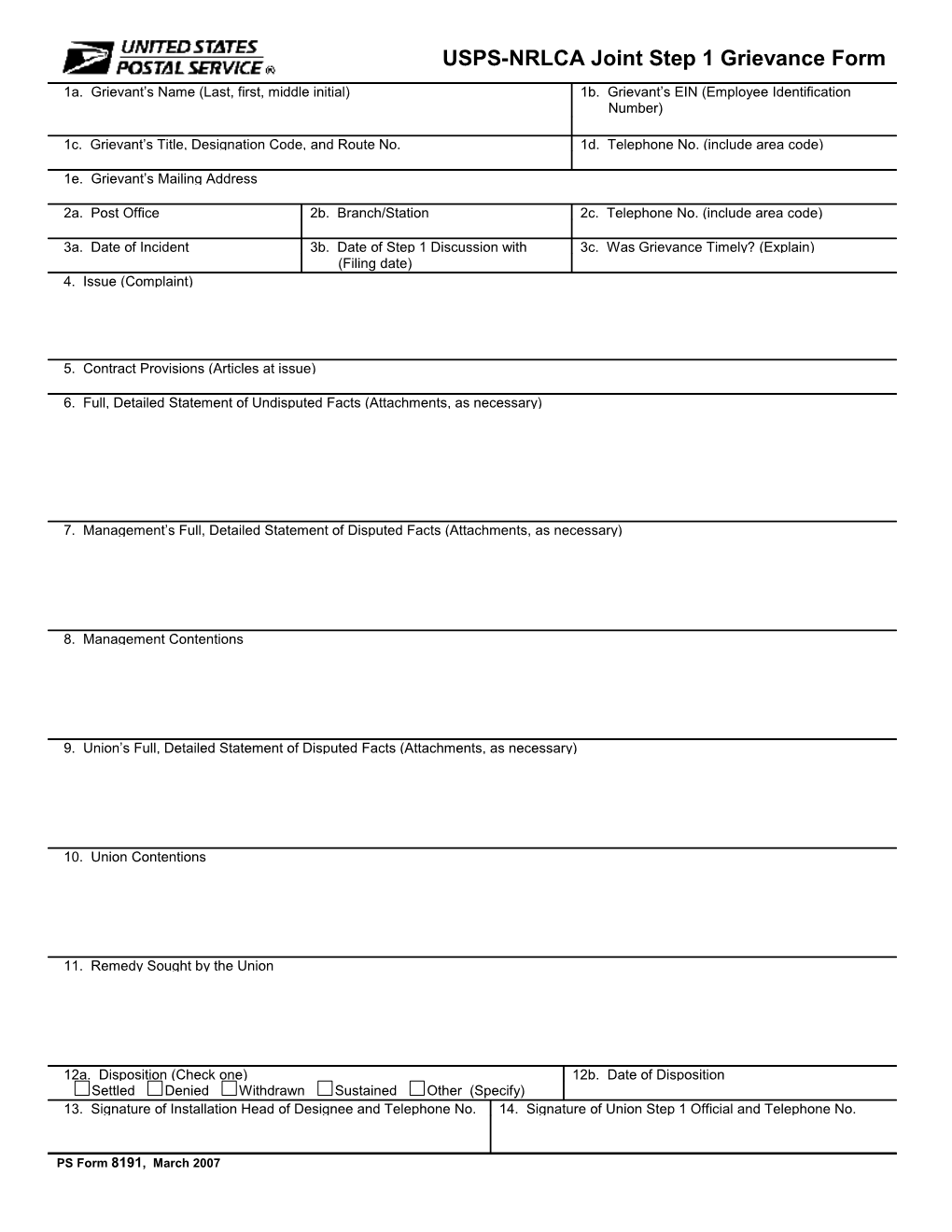 USPS-NRLCA Joint Step 1 Grievance Form