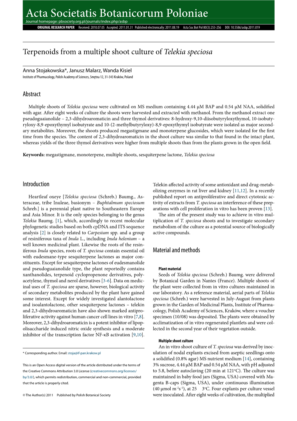 Terpenoids from a Multiple Shoot Culture of Telekia Speciosa