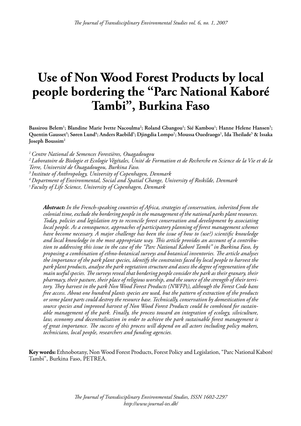 Use of Non Wood Forest Products by Local People Bordering the “Parc National Kaboré Tambi”, Burkina Faso