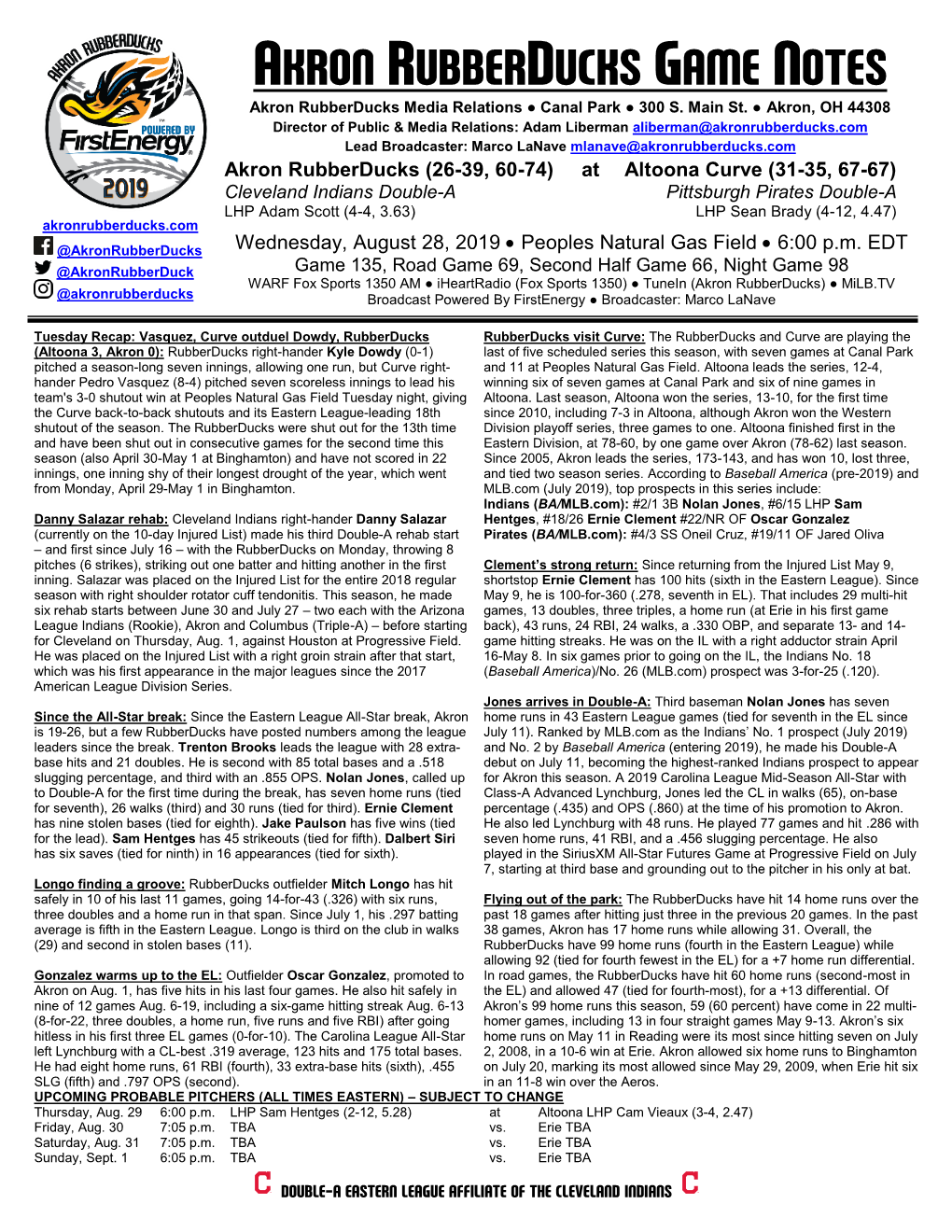 AKRON RUBBERDUCKS GAME NOTES Akron Rubberducks Media Relations ● Canal Park ● 300 S