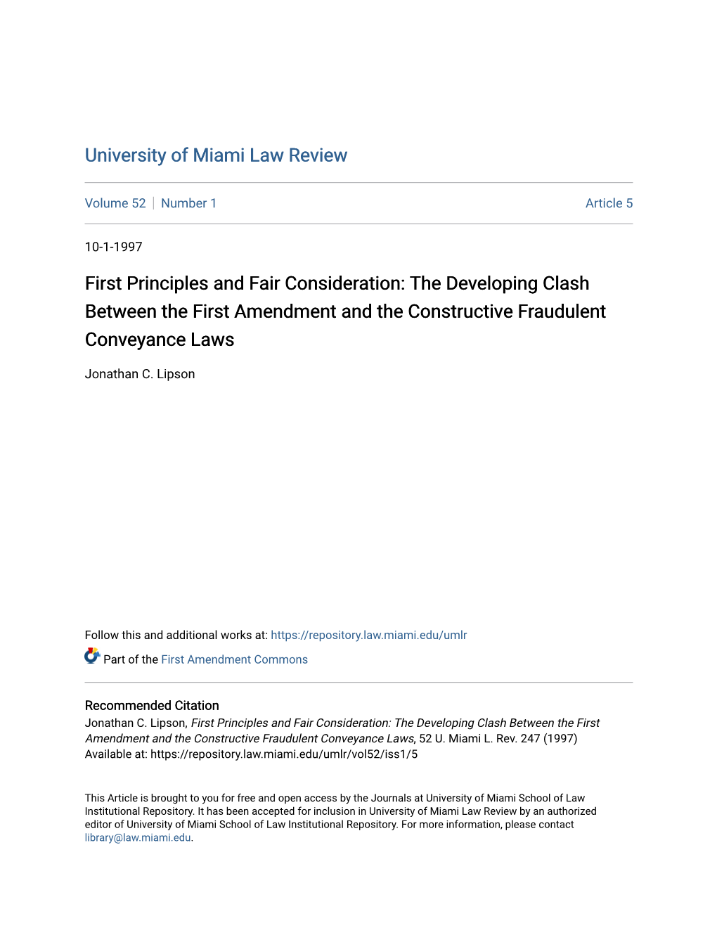 First Principles and Fair Consideration: the Developing Clash Between the First Amendment and the Constructive Fraudulent Conveyance Laws