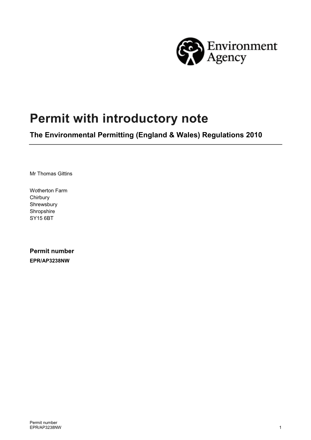 Permit with Introductory Note the Environmental Permitting (England & Wales) Regulations 2010