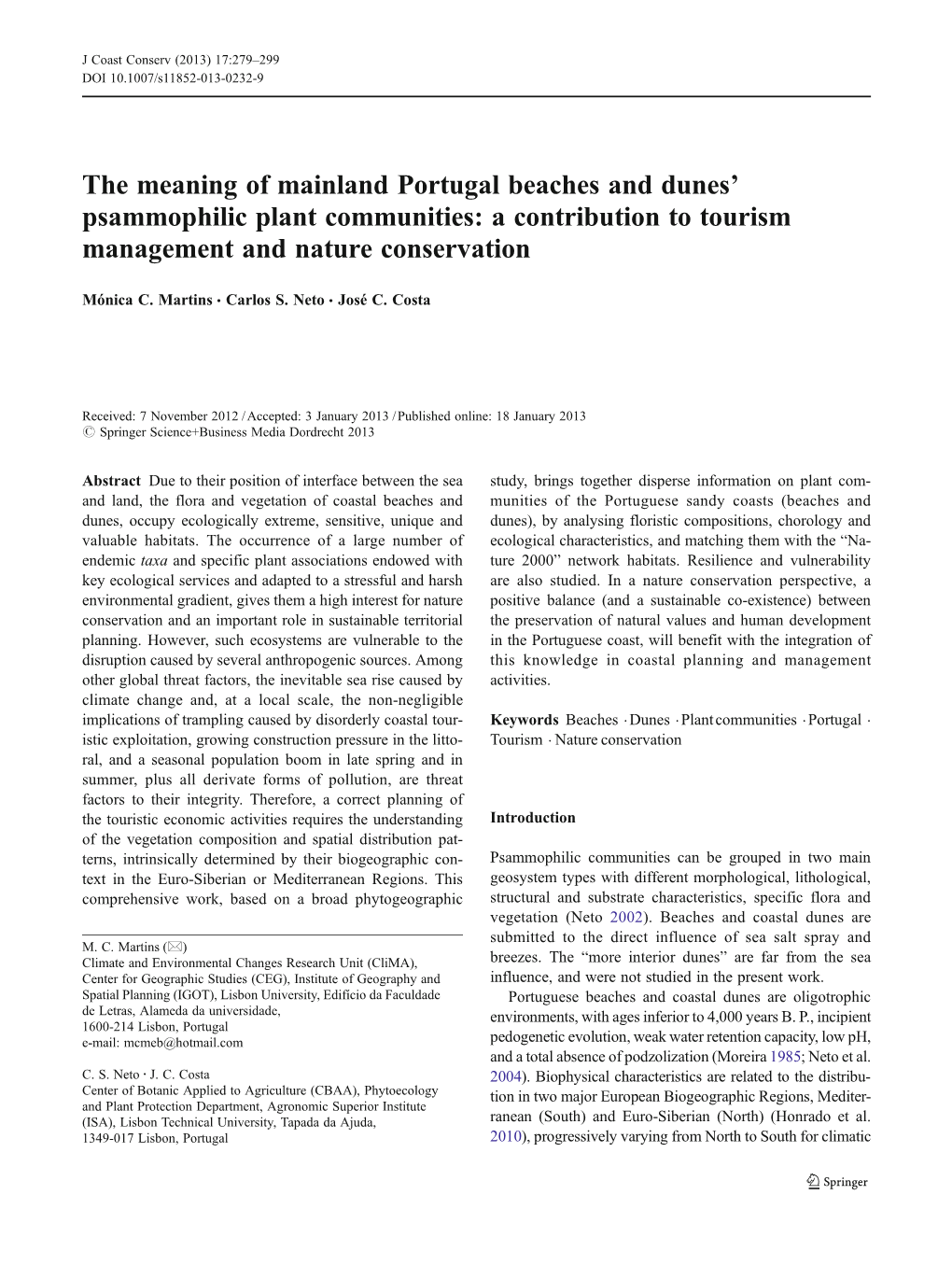 The Meaning of Mainland Portugal Beaches and Dunes’ Psammophilic Plant Communities: a Contribution to Tourism Management and Nature Conservation