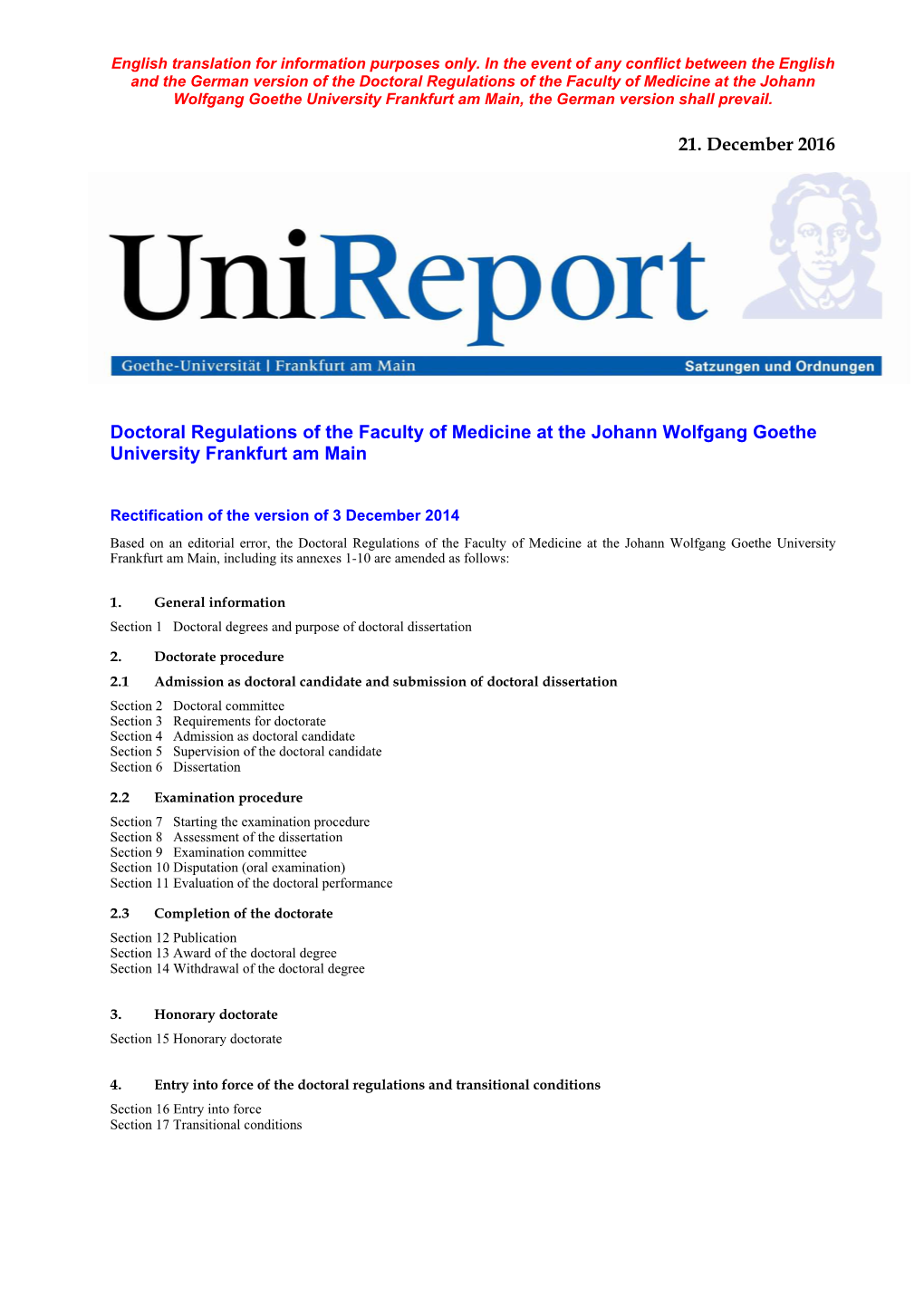 21. December 2016 Doctoral Regulations of the Faculty Of