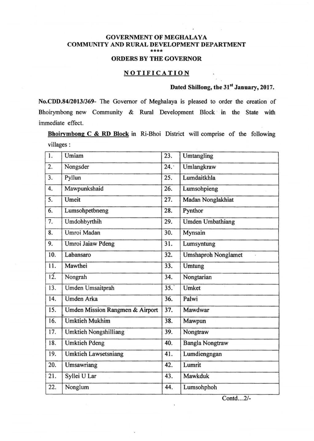 Governmentofmeghalaya Community and Rural Development Department **** Orders by the Governor