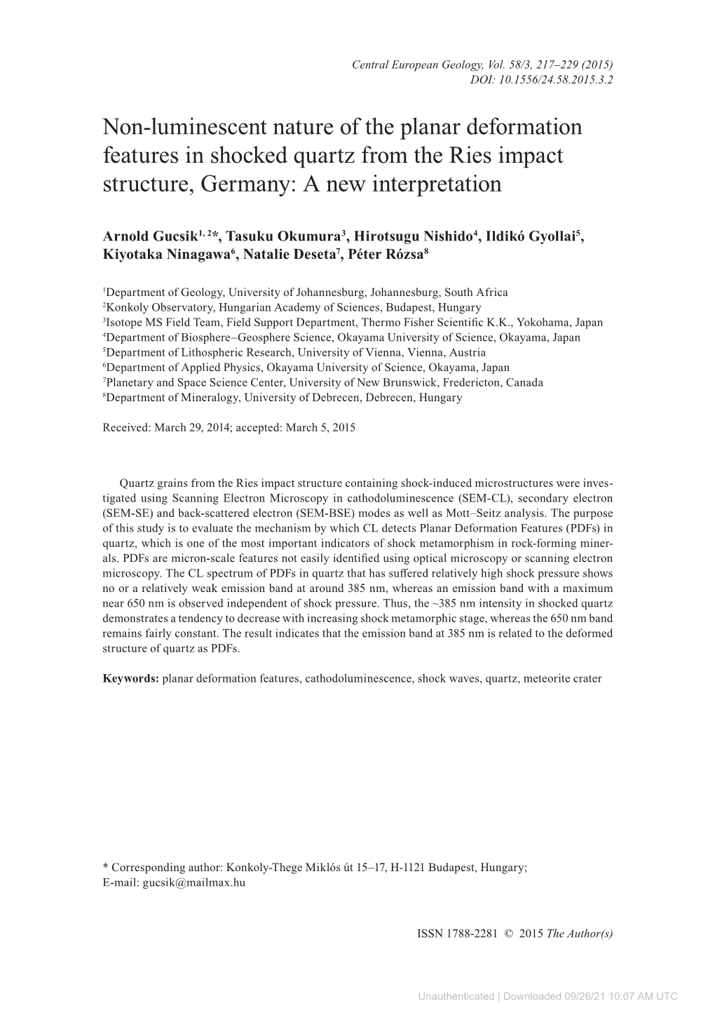 Non-Luminescent Nature of the Planar Deformation Features in Shocked Quartz from the Ries Impact Structure, Germany: a New Interpretation