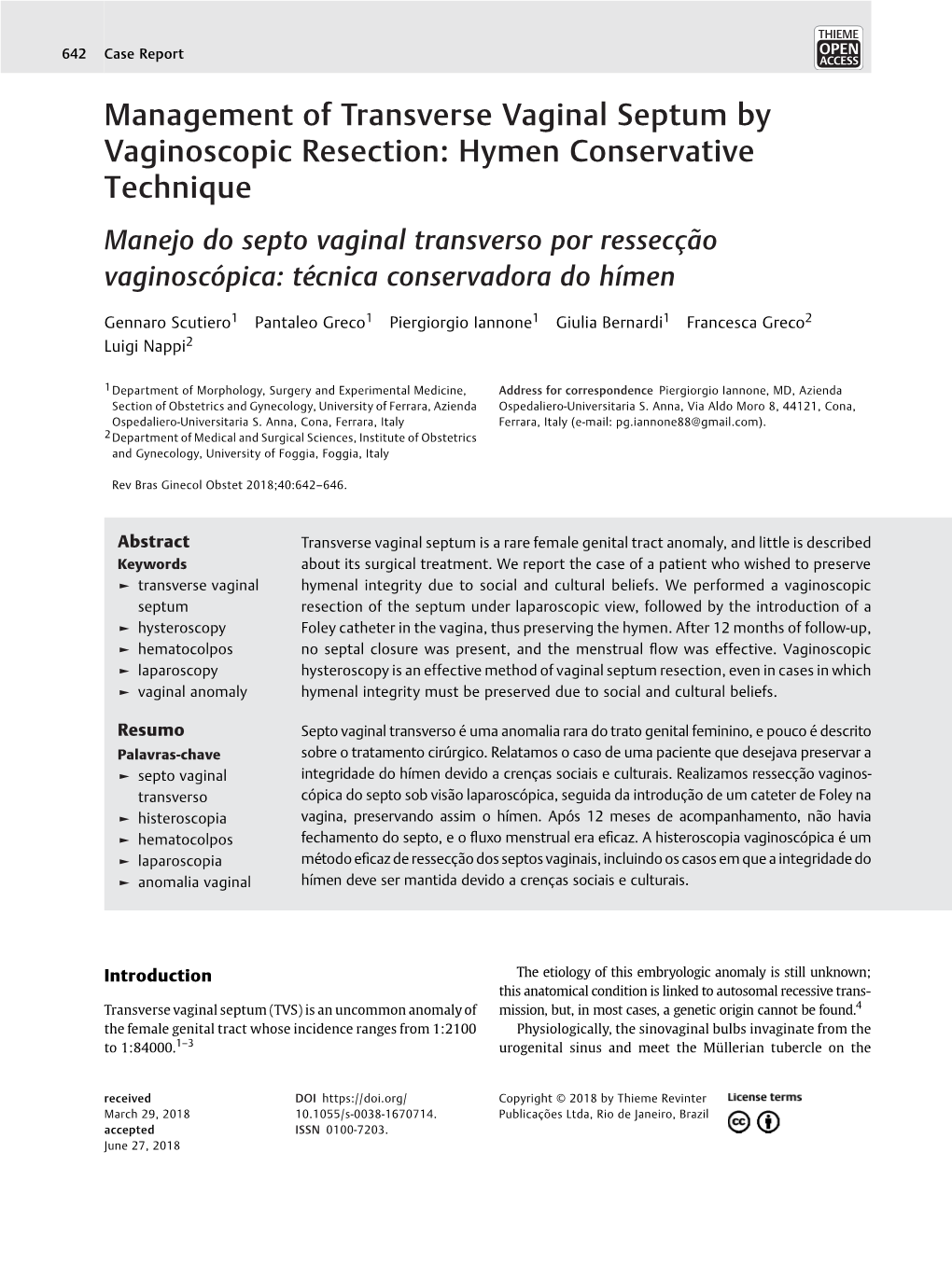 Management of Transverse Vaginal Septum by Vaginoscopic Resection