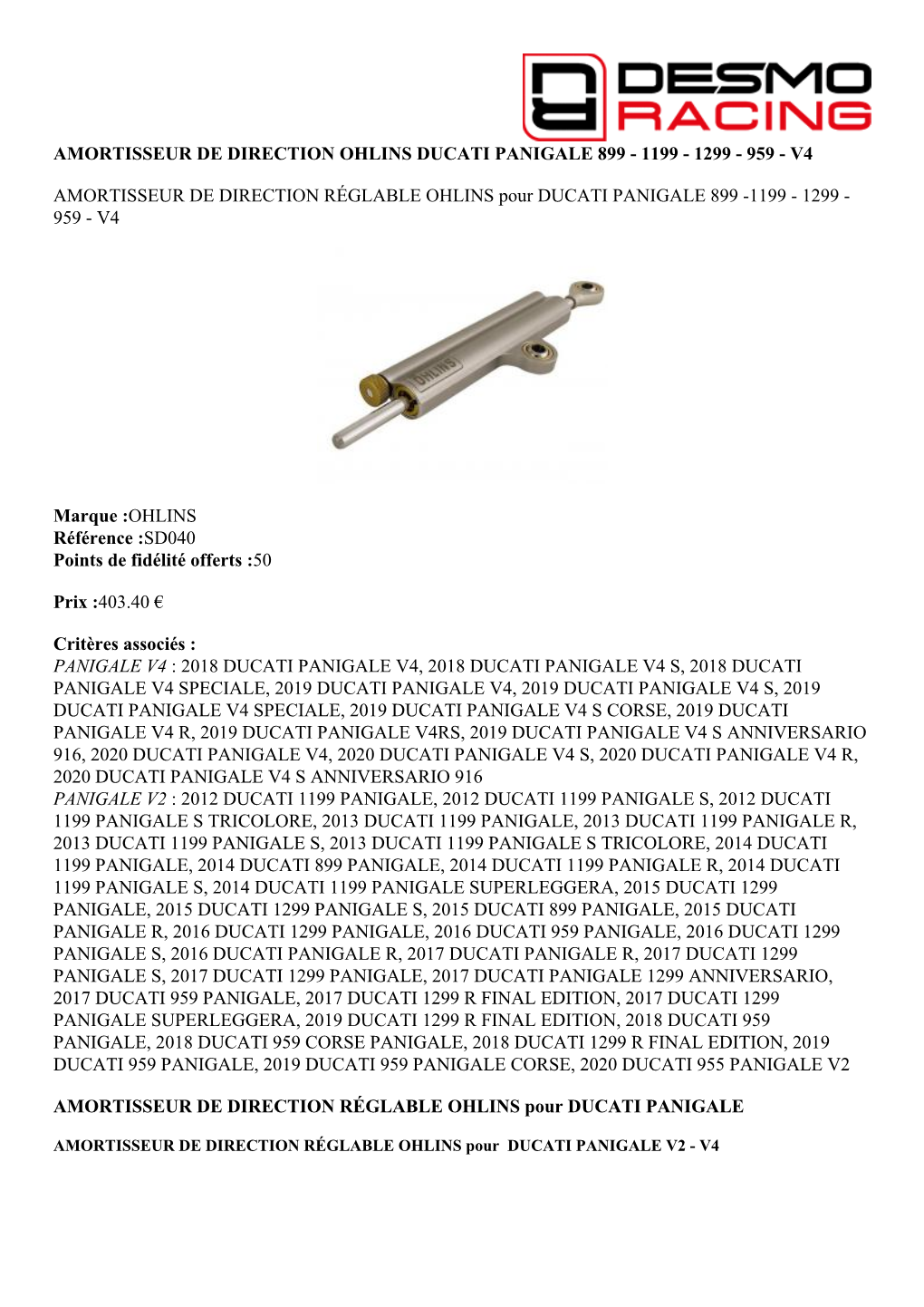 Amortisseur De Direction Ohlins Ducati Panigale 899 - 1199 - 1299 - 959 - V4