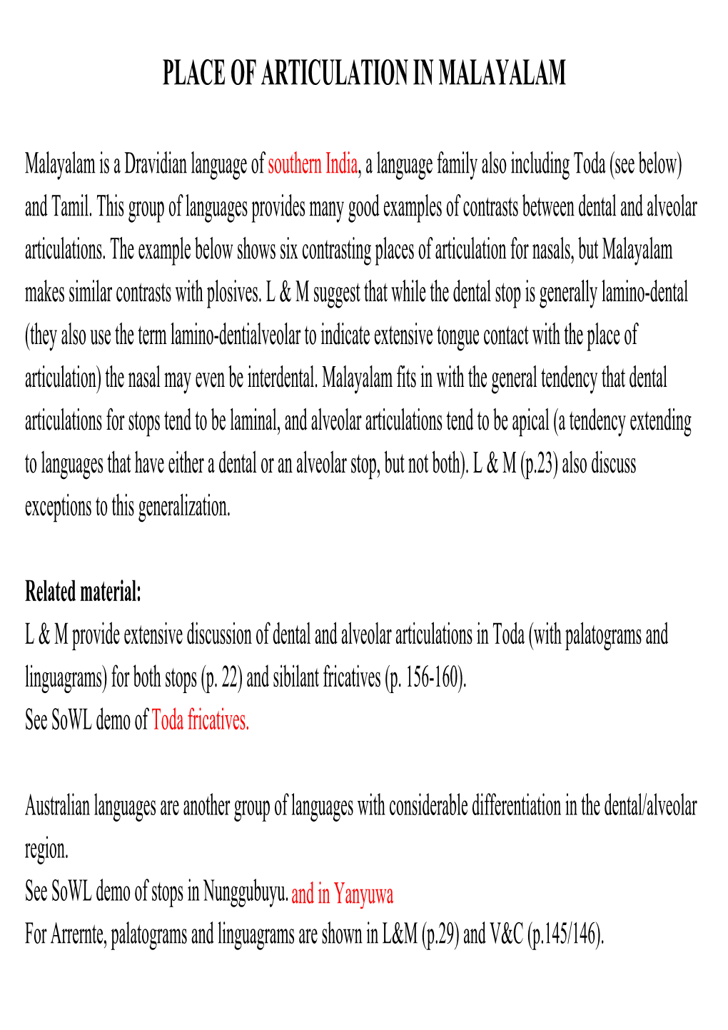 Place of Articulation in Malayalam