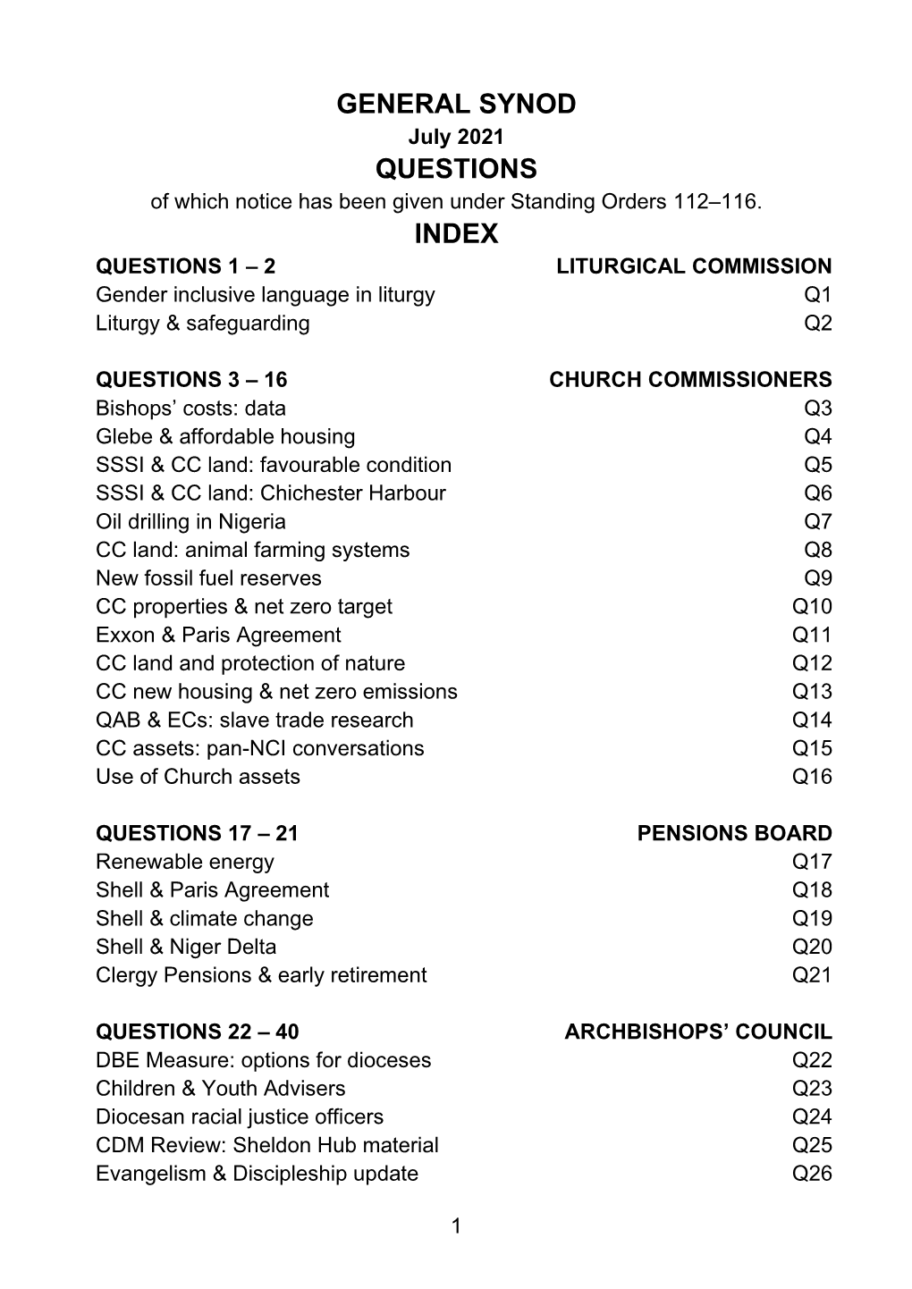 GENERAL SYNOD July 2021 QUESTIONS of Which Notice Has Been Given Under Standing Orders 112–116