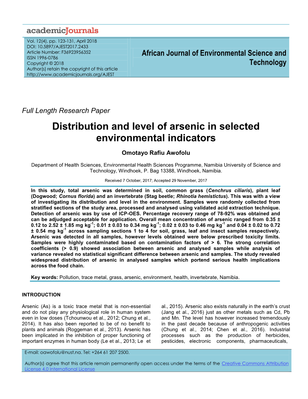 Distribution and Level of Arsenic in Selected Environmental Indicators