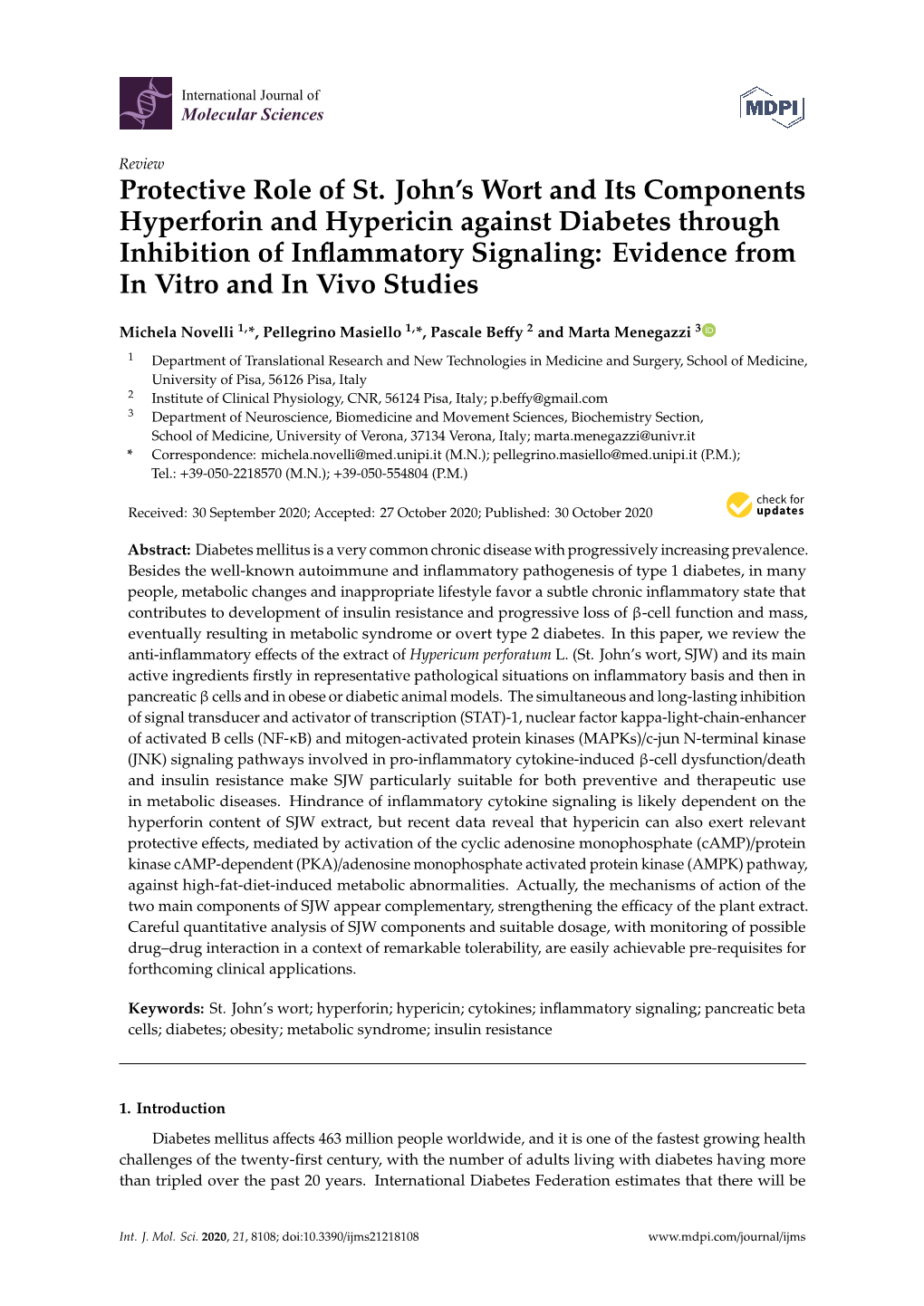 Protective Role of St. John's Wort and Its Components Hyperforin And