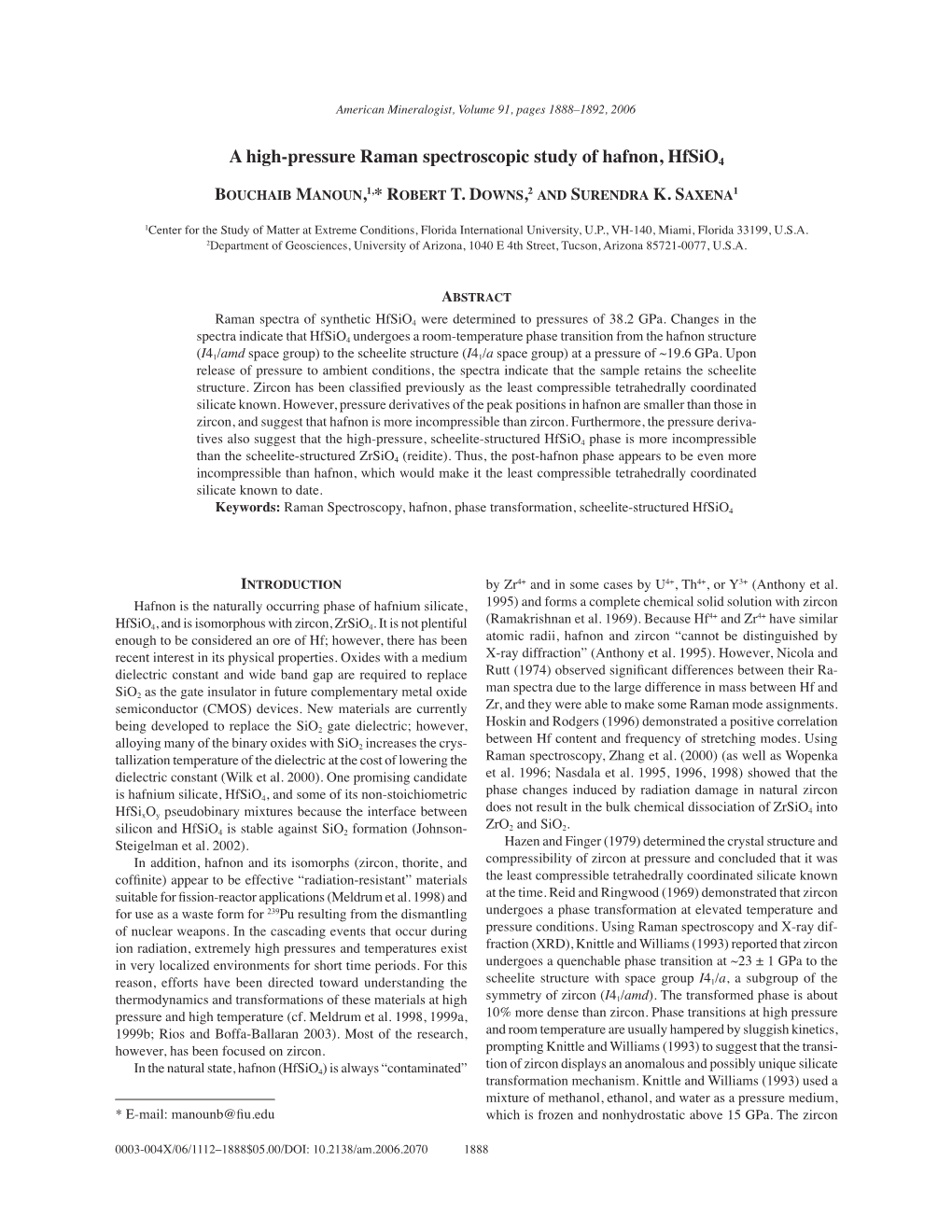 A High-Pressure Raman Spectroscopic Study of Hafnon, Hfsio4