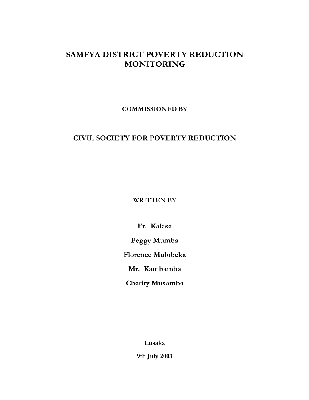 Samfya District Poverty Reduction Monitoring