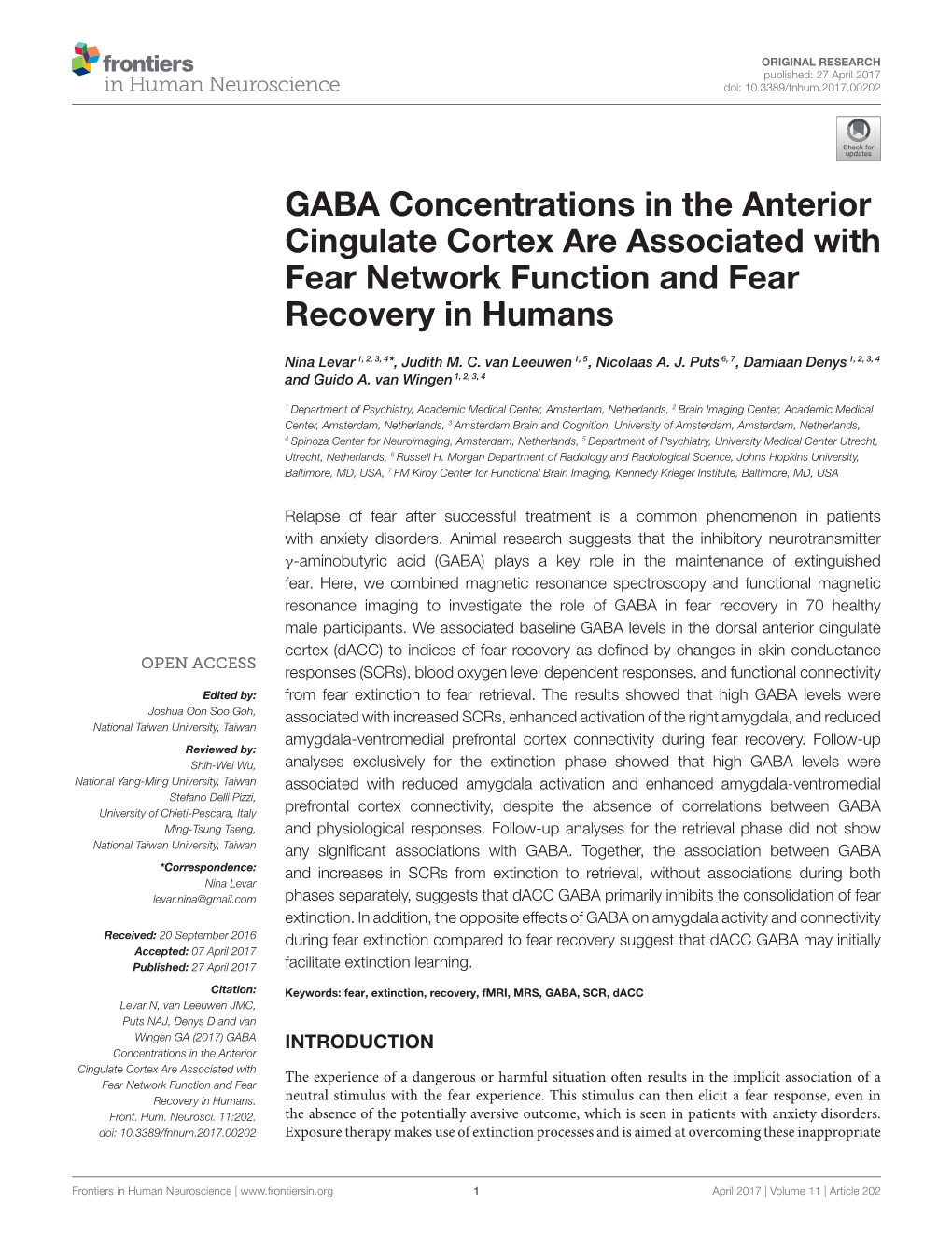 GABA Concentrations in the Anterior Cingulate Cortex Are Associated with Fear Network Function and Fear Recovery in Humans