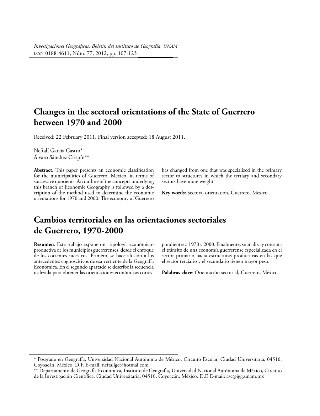 Changes in the Sectoral Orientations of the State of Guerrero Between 1970 and 2000 Cambios Territoriales En Las Orientaciones S
