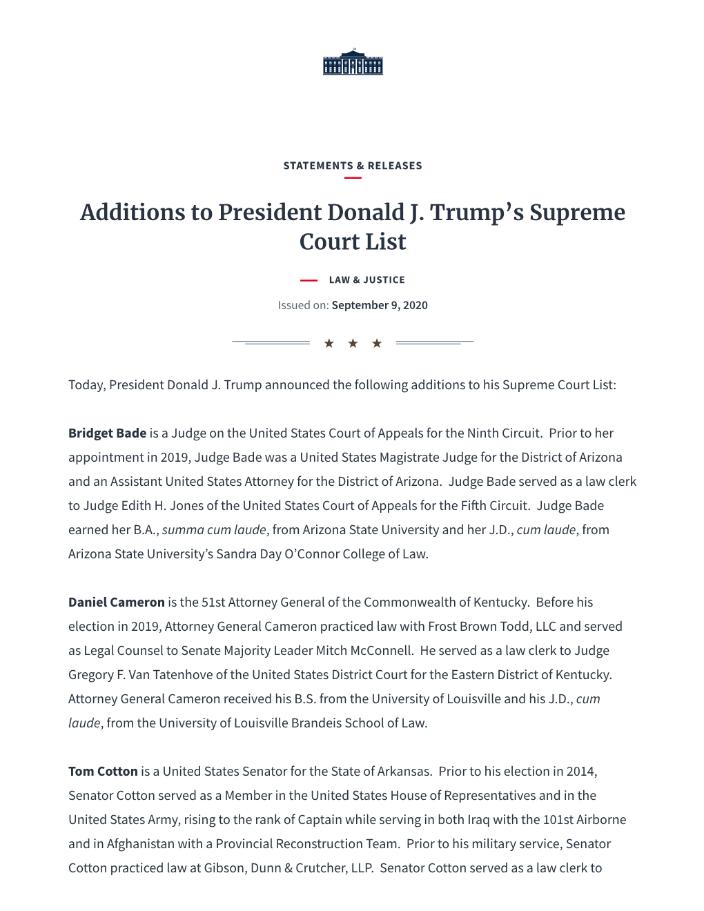 Additions to President Donald J. Trump's Supreme Court List