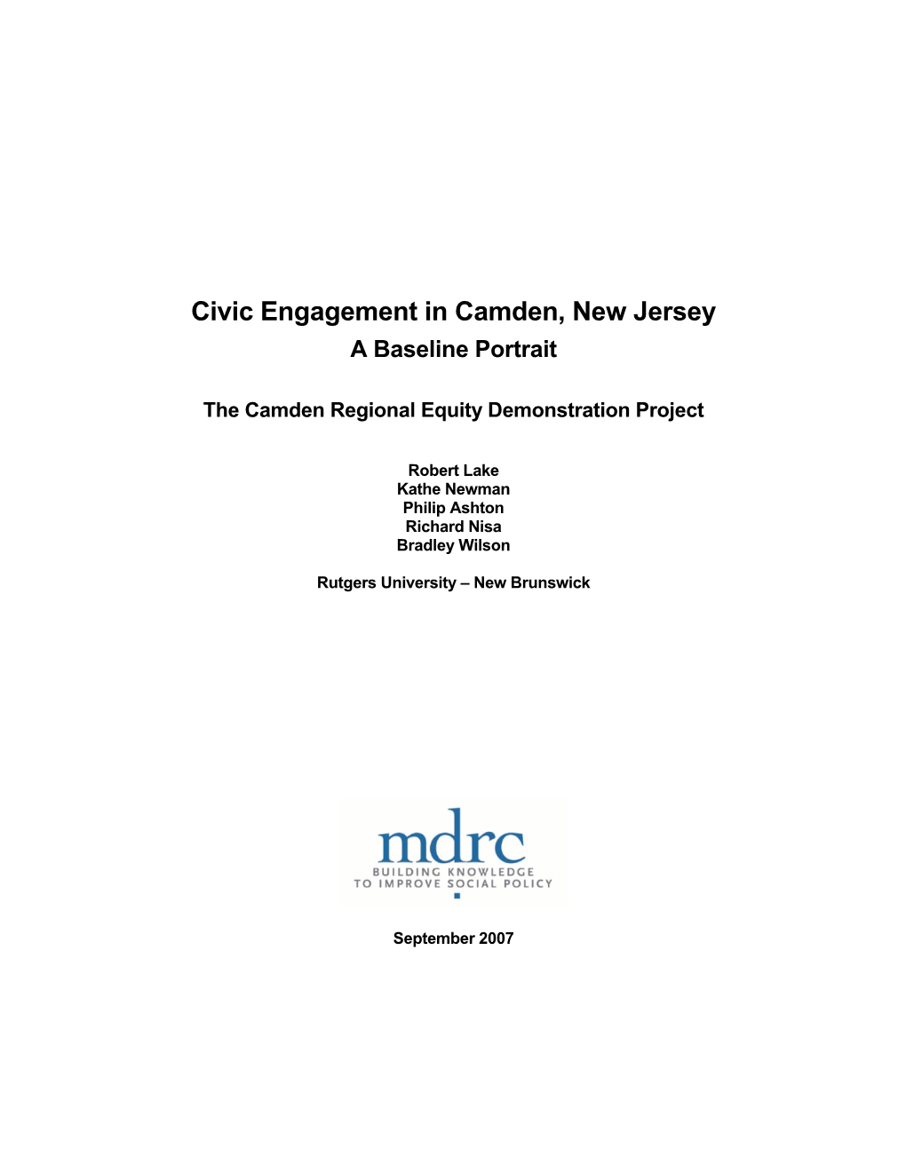 Civic Engagement in Camden, New Jersey a Baseline Portrait