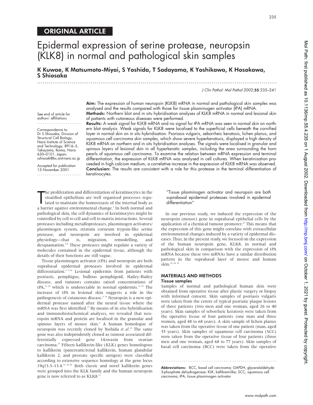 Epidermal Expression of Serine Protease, Neuropsin (KLK8) In