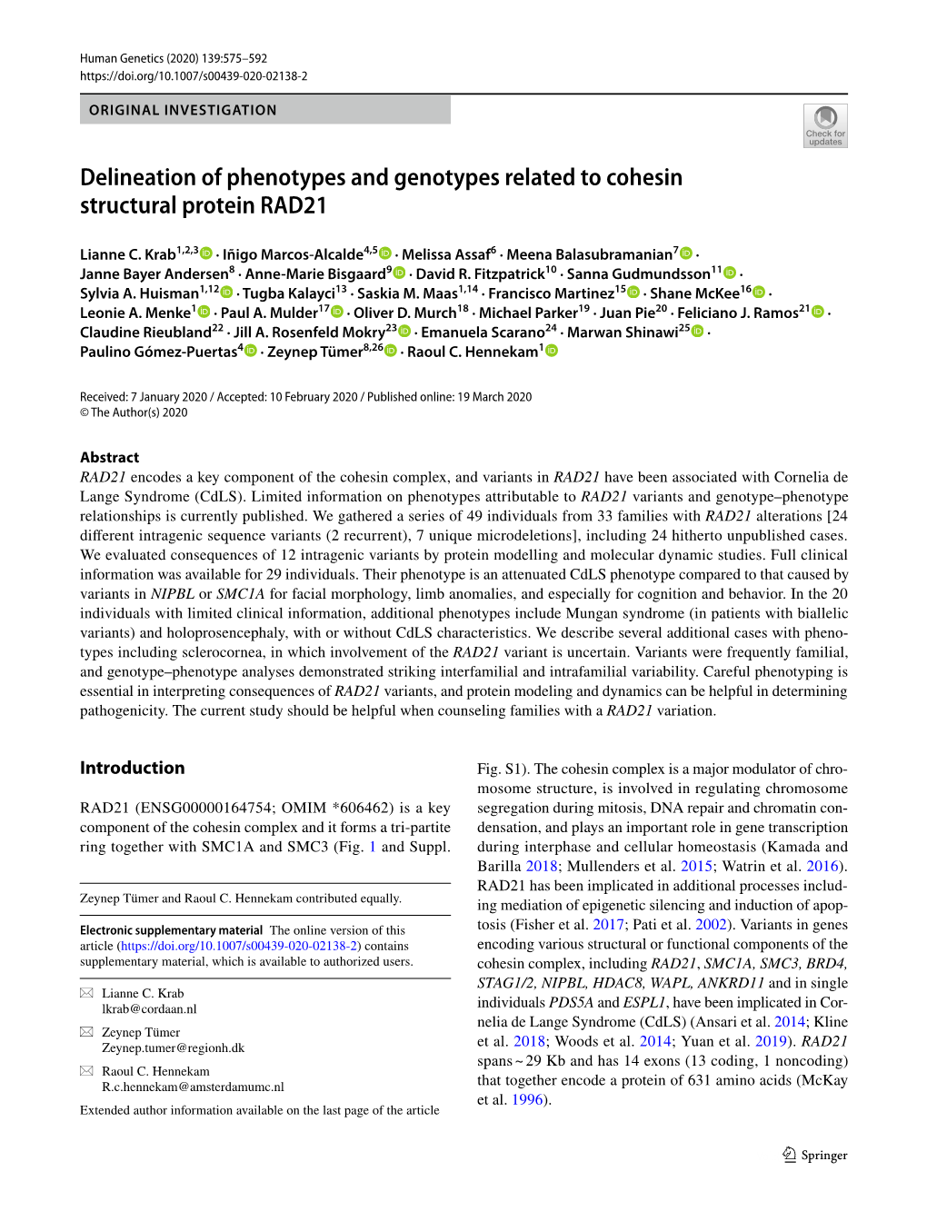 Delineation of Phenotypes and Genotypes Related to Cohesin Structural Protein RAD21