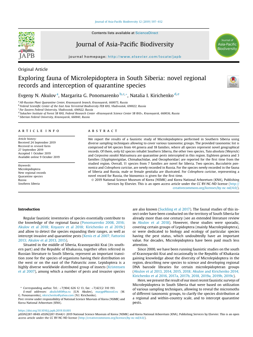 Exploring Fauna of Microlepidoptera in South Siberia: Novel Regional Records and Interception of Quarantine Species