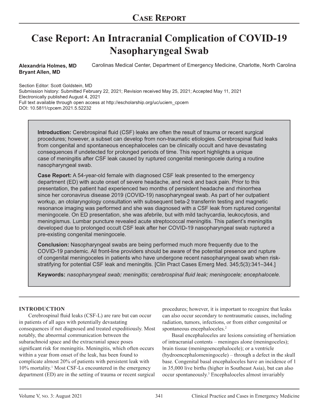 An Intracranial Complication of COVID-19 Nasopharyngeal Swab